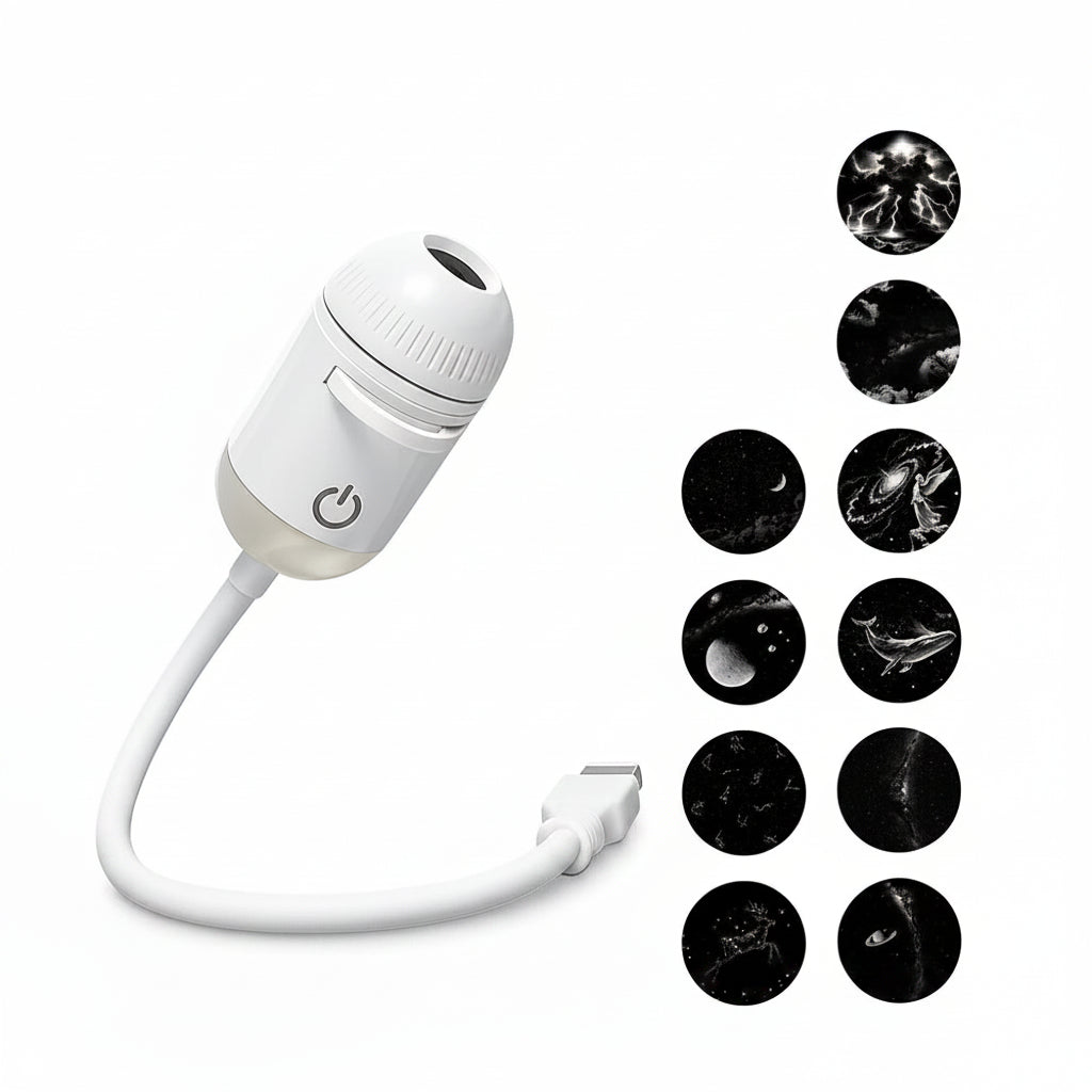 White USB projection night light with 10 projection films displayed on a white background