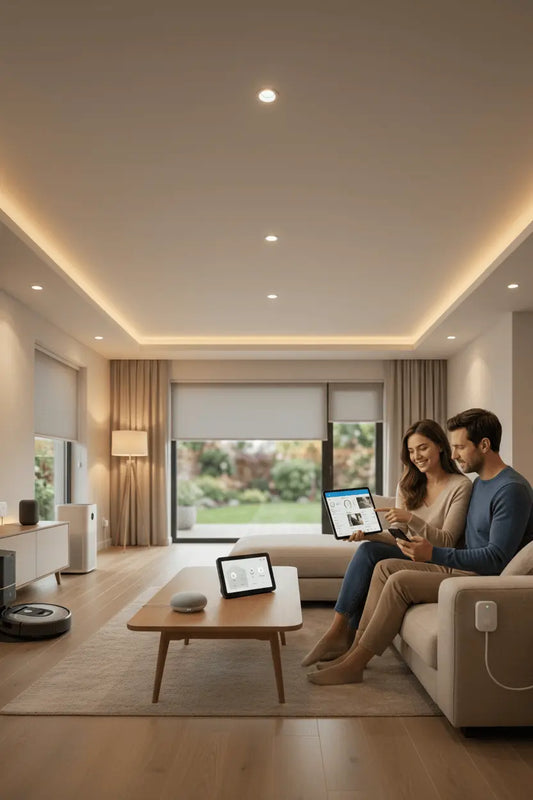 Couple controlling smart home security system from tablet in modern living room