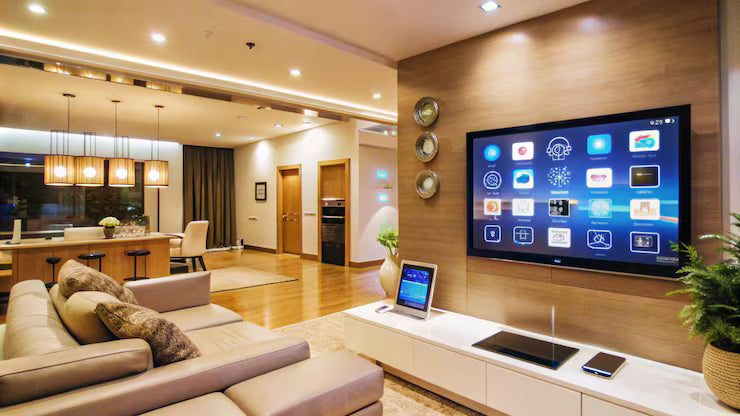 Smart home control panel with family in living room, intelligent lighting, thermostat, and security system - JAZL Home Smart Solutions