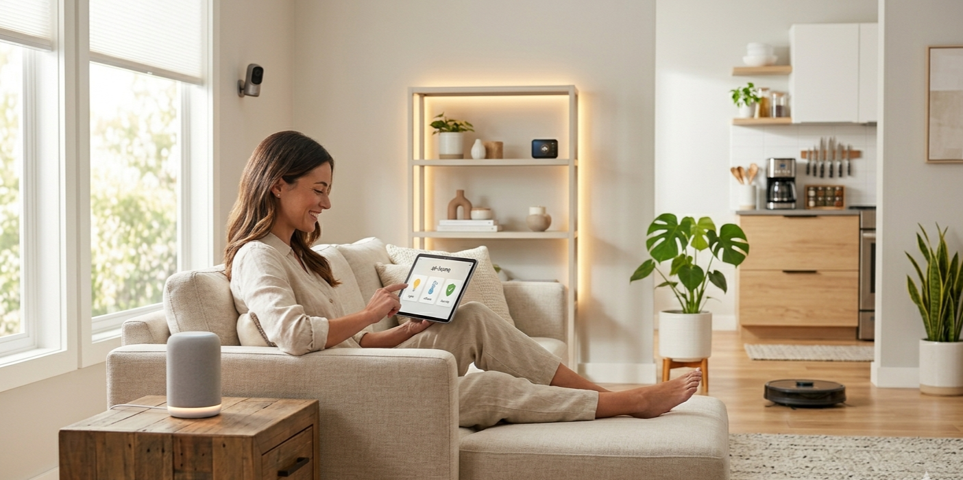 Integrated smart home system with central control tablet and automated gadgets for modern living - Jazl Smart Collection