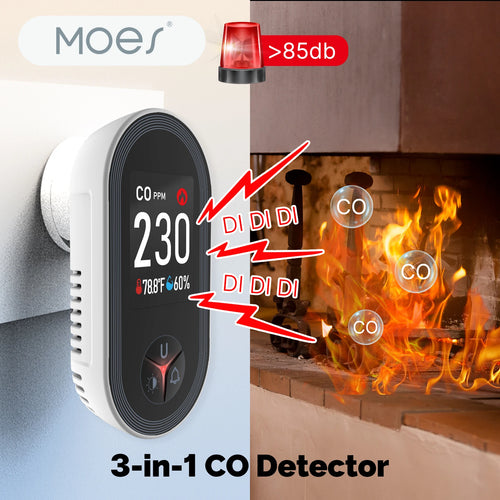 3-in-1 CO Detector with digital display and alarm indicator next to a fireplace with CO gas.
