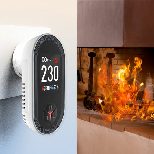 Plug-in carbon monoxide detector with digital PPM display showing CO temperature and humidity