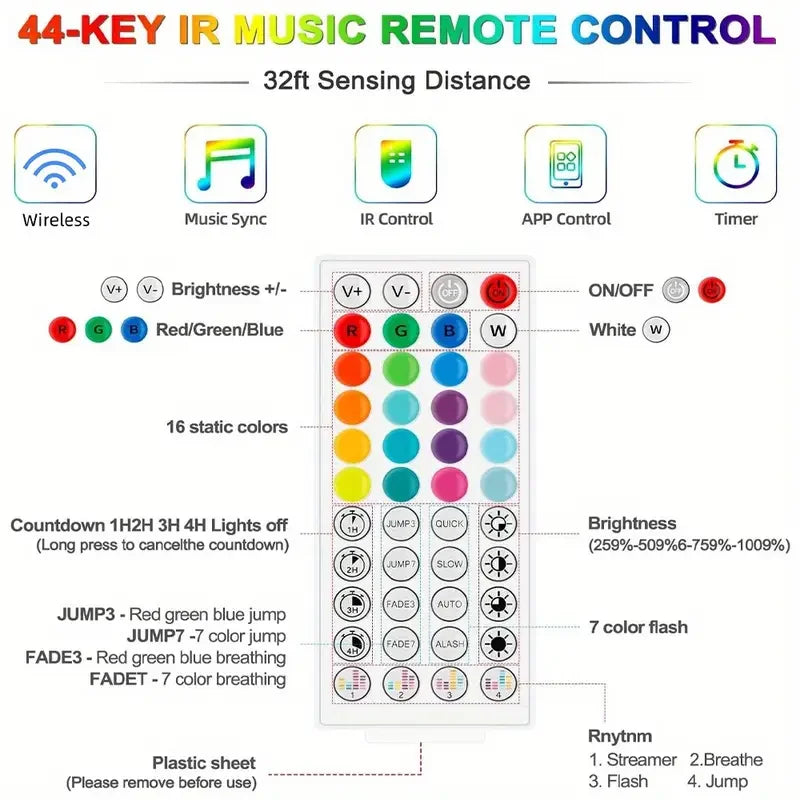 44-key IR music remote control with various functions and color options on a white background.