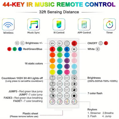 44-key IR music remote control with various functions and color options on a white background.