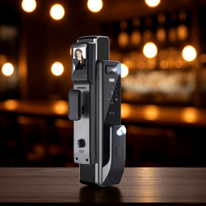 A modern biometric smart door lock with an integrated display screen and fingerprint scanner, standing on a dark wooden table with a blurred bar background.