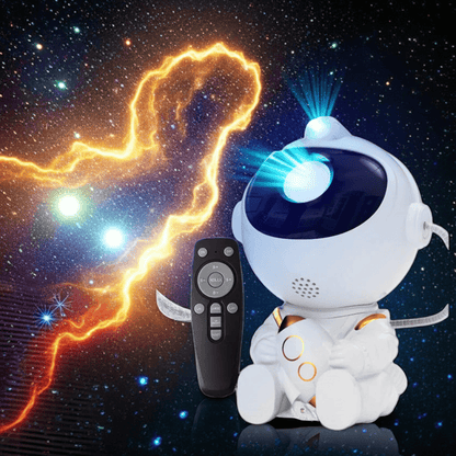 A white astronaut-shaped robot toy with glowing blue eyes and gold accents, shown beside a black remote control against a starry space background with an orange lightning effect.