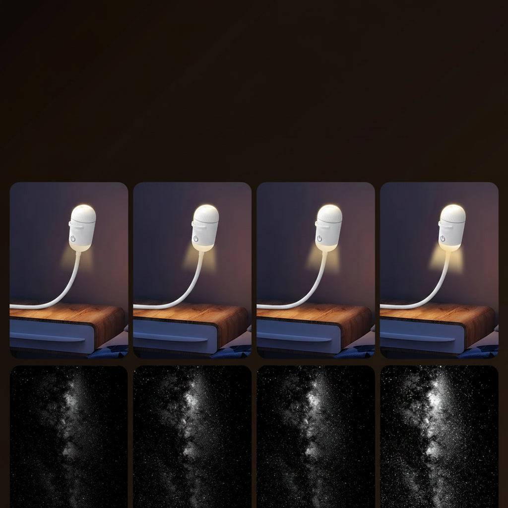 Adjustable brightness control for a starry sky lamp with visual examples of different brightness levels.