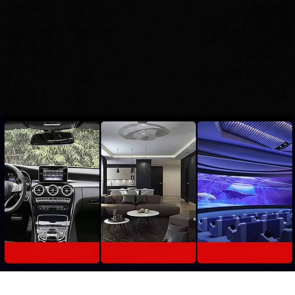 Advertisement for a product or service with images of a car interior, living room, and event venue.