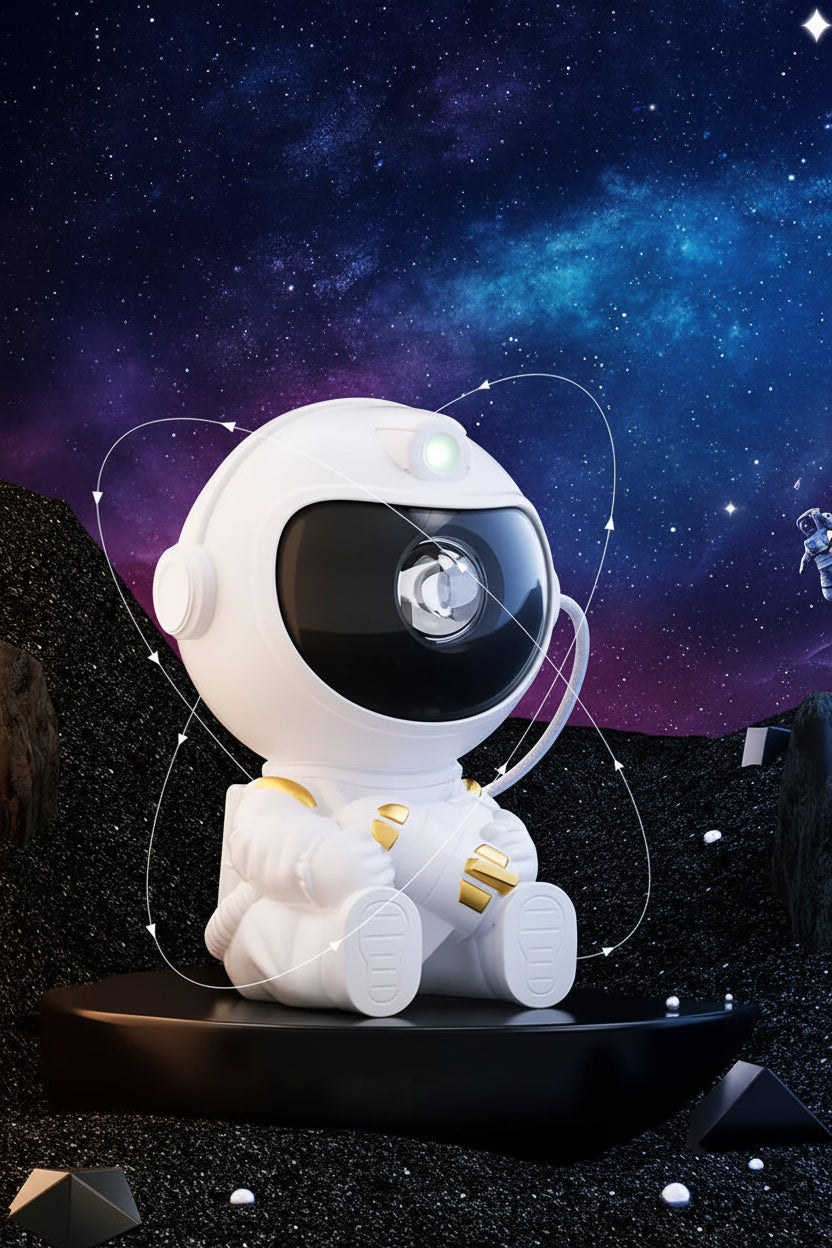 Astronaut-shaped nebula projection lamp with colorful lights and multiple modes on a dark space-themed background.