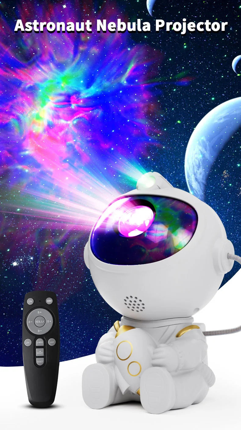 Astronaut Nebula Projector with remote control on a space-themed background