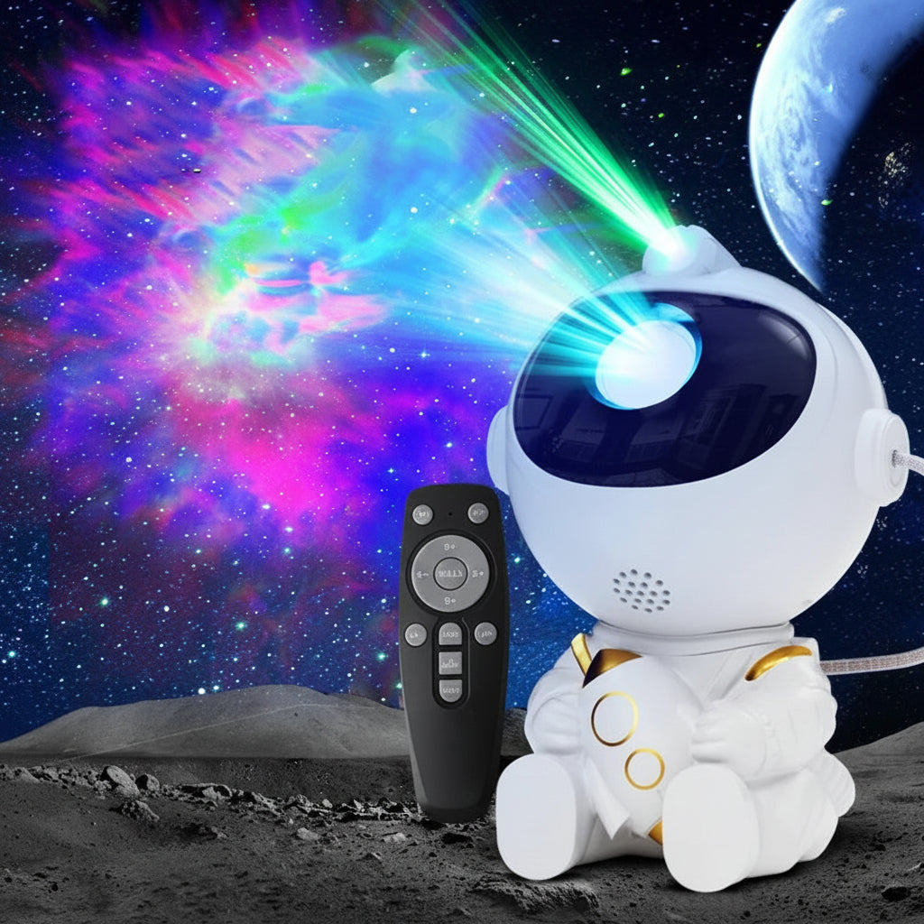 Astronaut galaxy projector lamp displaying colorful nebula and starry sky on ceiling