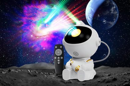 Astronaut nebula projector with remote control on a space-themed background