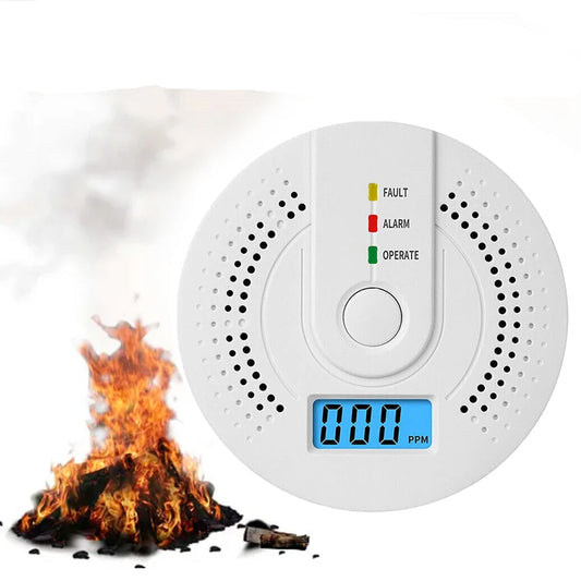 Battery powered carbon monoxide detector with digital display showing 0 PPM on shelf
