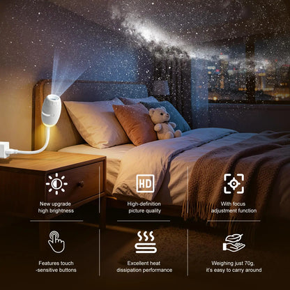 Bedroom scene with a night light projector projecting stars on the ceiling.