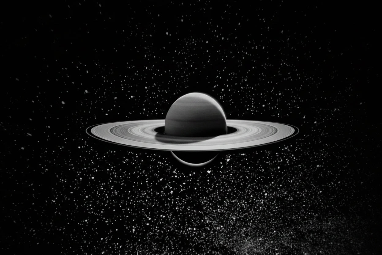 Black and white illustration of Saturn against a starry space background with text about various effects and styles.