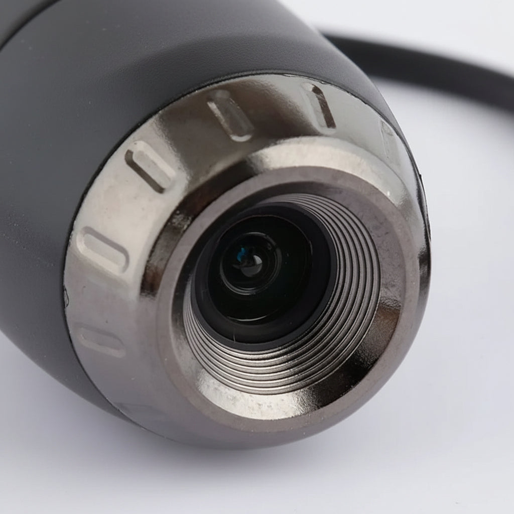 Close-up of a metallic camera lens with text about high brightness LED lamp beads.