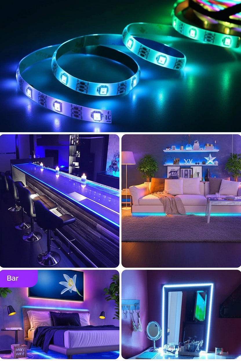 Collage of LED strip lights in different settings including a bar, living room, bedroom, and makeup area.