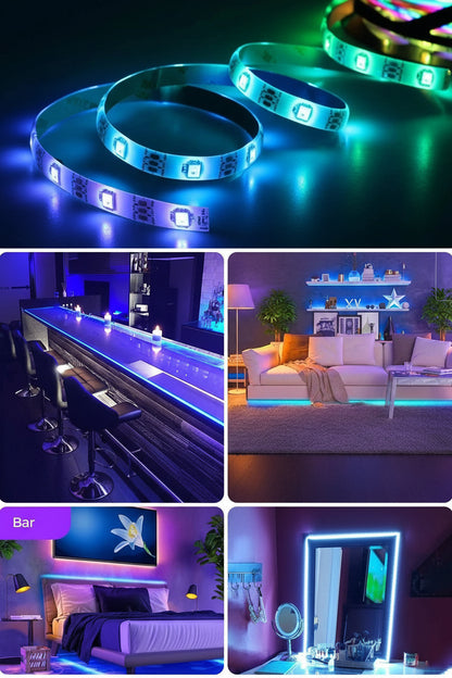 Collage of LED strip lights in different settings including a bar, living room, bedroom, and makeup area.