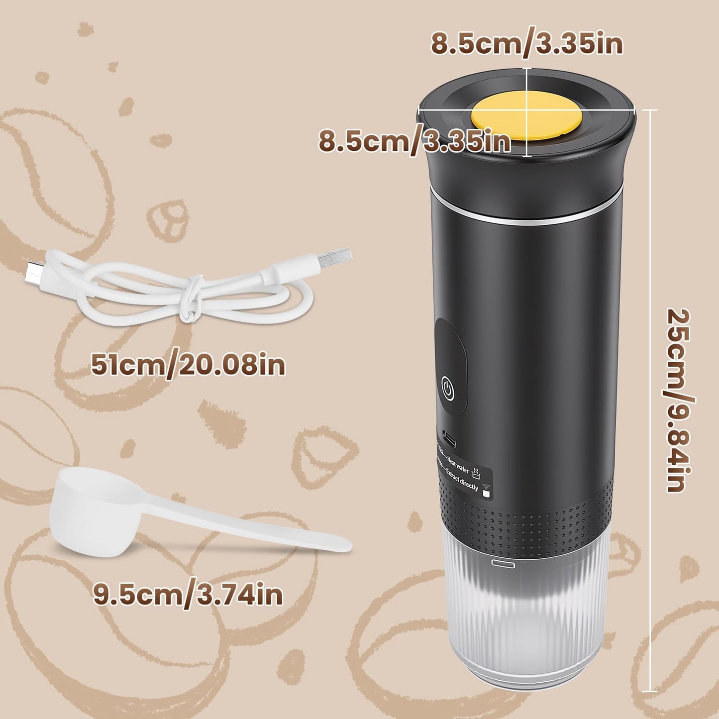 Portable espresso machine dimensions chart showing height and width in inches and centimeters for travel planning