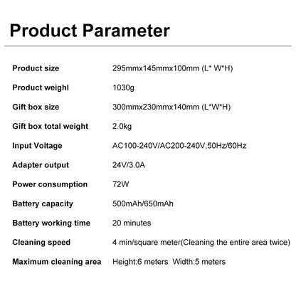 Comprehensive feature chart of automatic window cleaning device covering power consumption and voltage specs