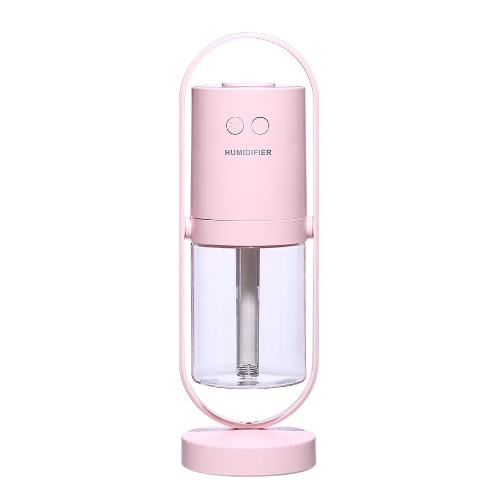Portable pink smart home cool mist humidifier showing function keys and adjustable stand details.