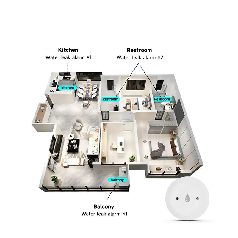 Floor plan of a house with labeled water leak alarm placements, featuring a kitchen, restroom, and balcony.