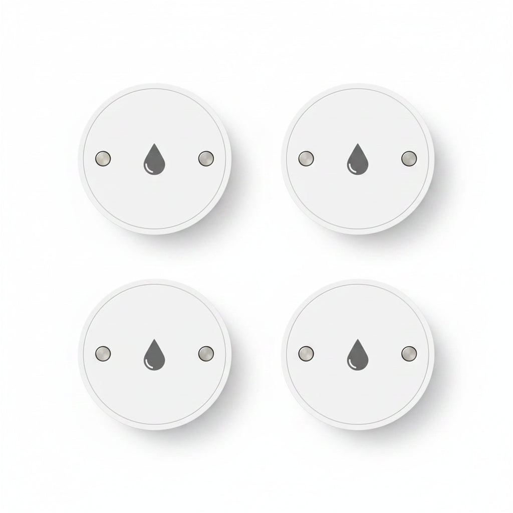 Four white round devices with a droplet symbol on a white background, featuring the Zigbee logo.
