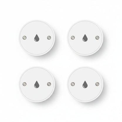 Four white round devices with a droplet symbol on a white background, featuring the Zigbee logo.