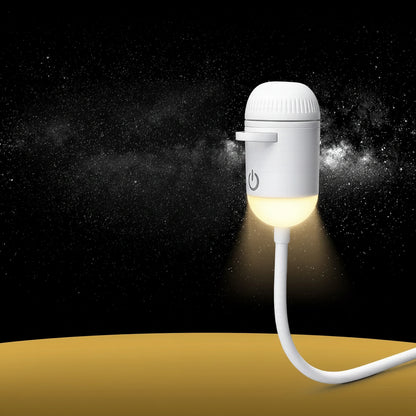 Light bulb with cable on a black background with text highlighting features