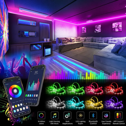 Living room with colorful LED strip lights and smartphone app controls.