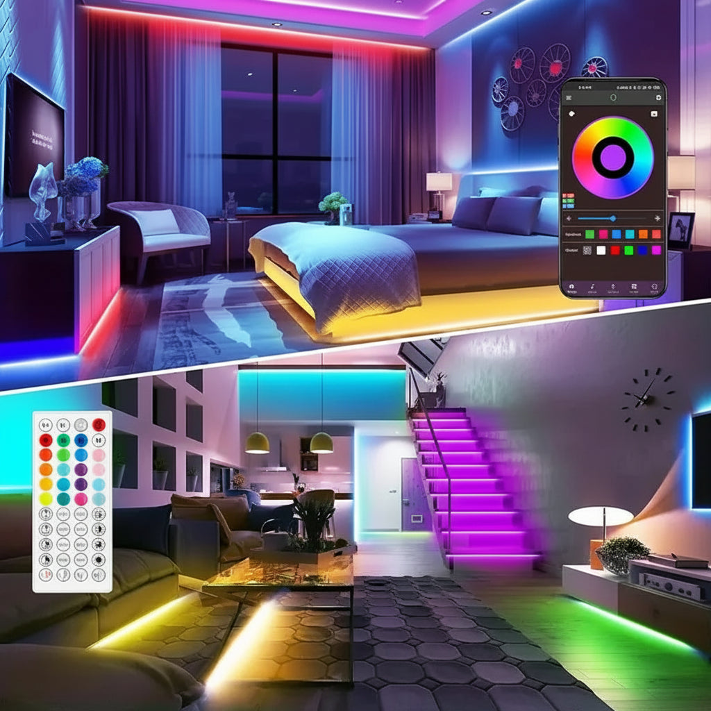 Modern bedroom with RGB lighting and remote control display.