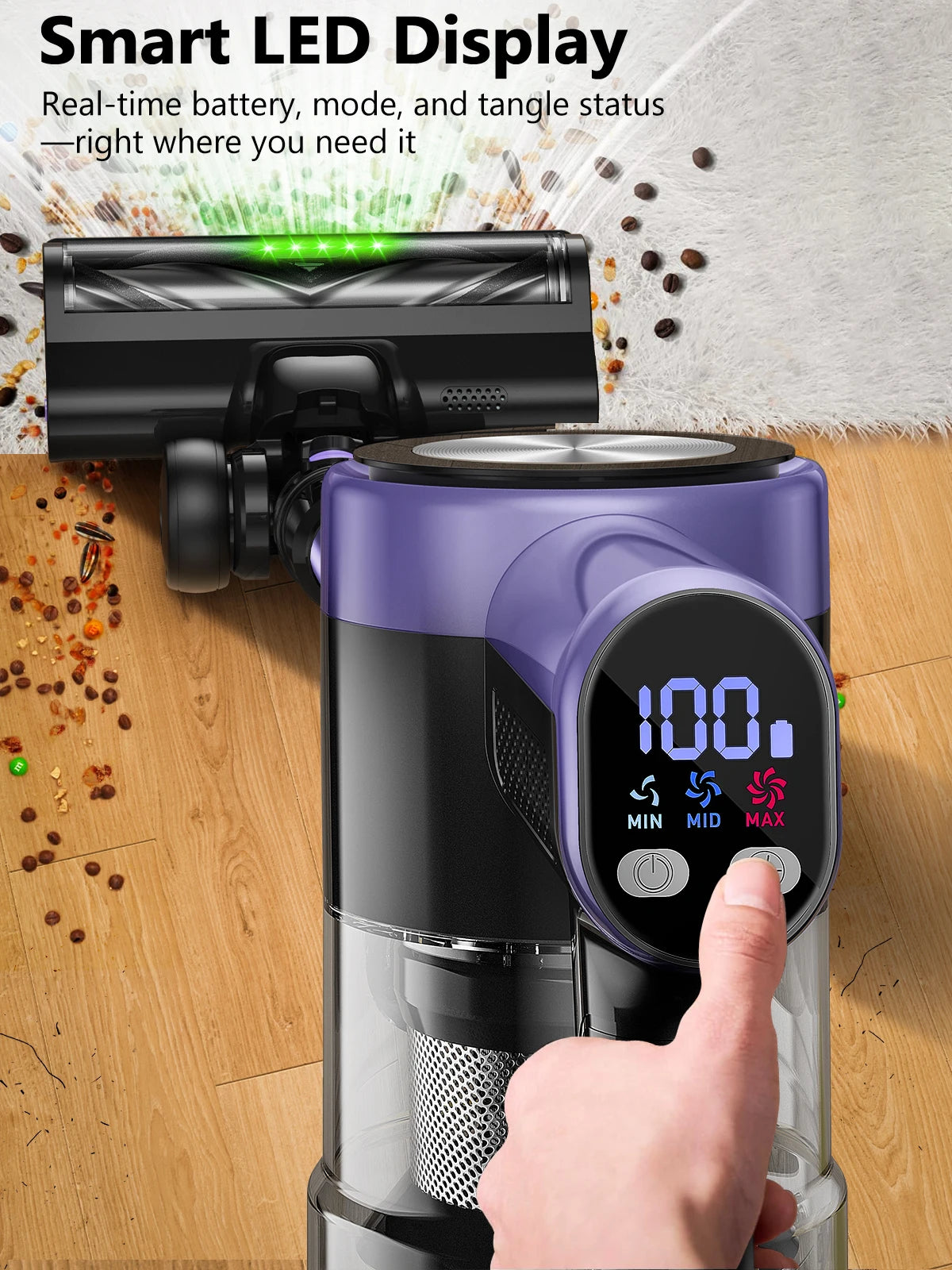 Jazl Store smart cordless vacuum cleaner with LED touch screen for multi-surface cleaning.