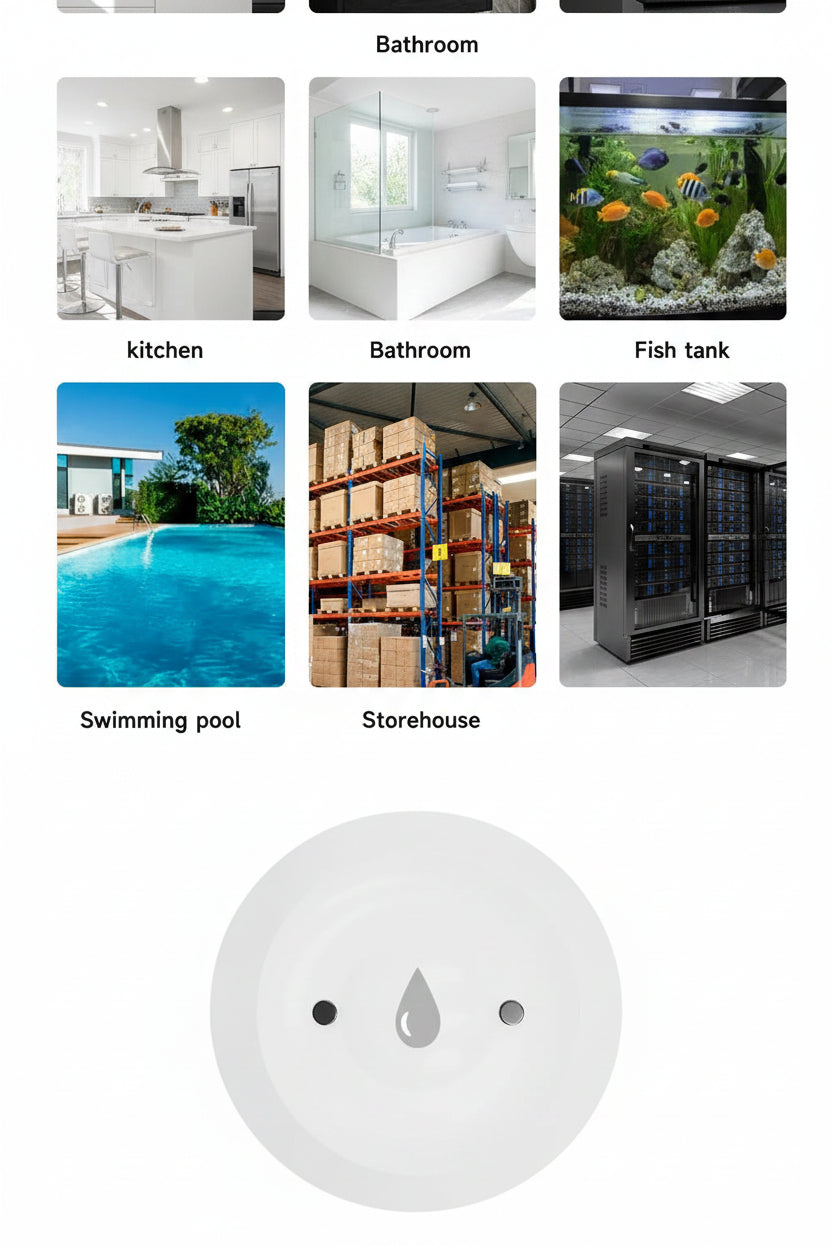 Product shooting with a white round device featuring a water droplet symbol, set against a background of images labeled 'kitchen', 'bathroom', and 'fish tank'.