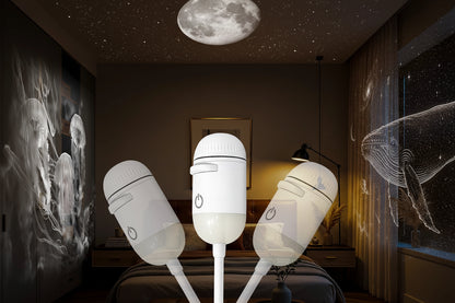 Projection lamp with 360-degree adjustment feature in a room setting.
