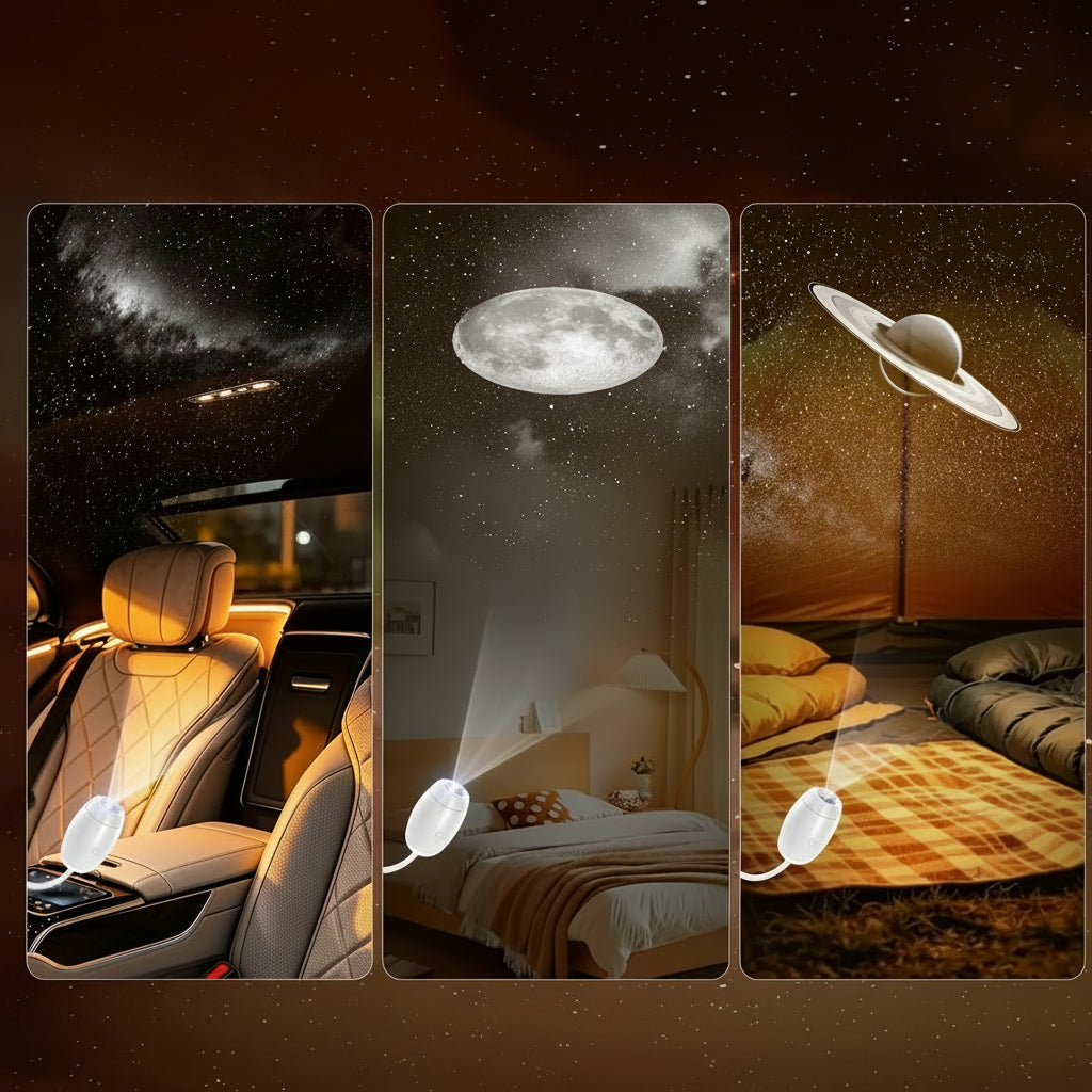 Projector emitting celestial images in various settings like car, bedroom, and outdoor tent.