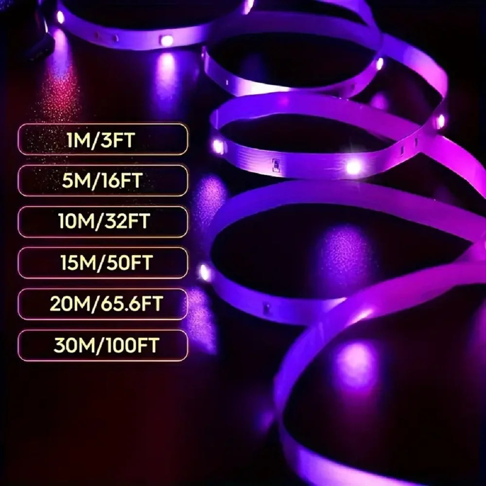 Purple LED strip lights with measurement labels on a dark background