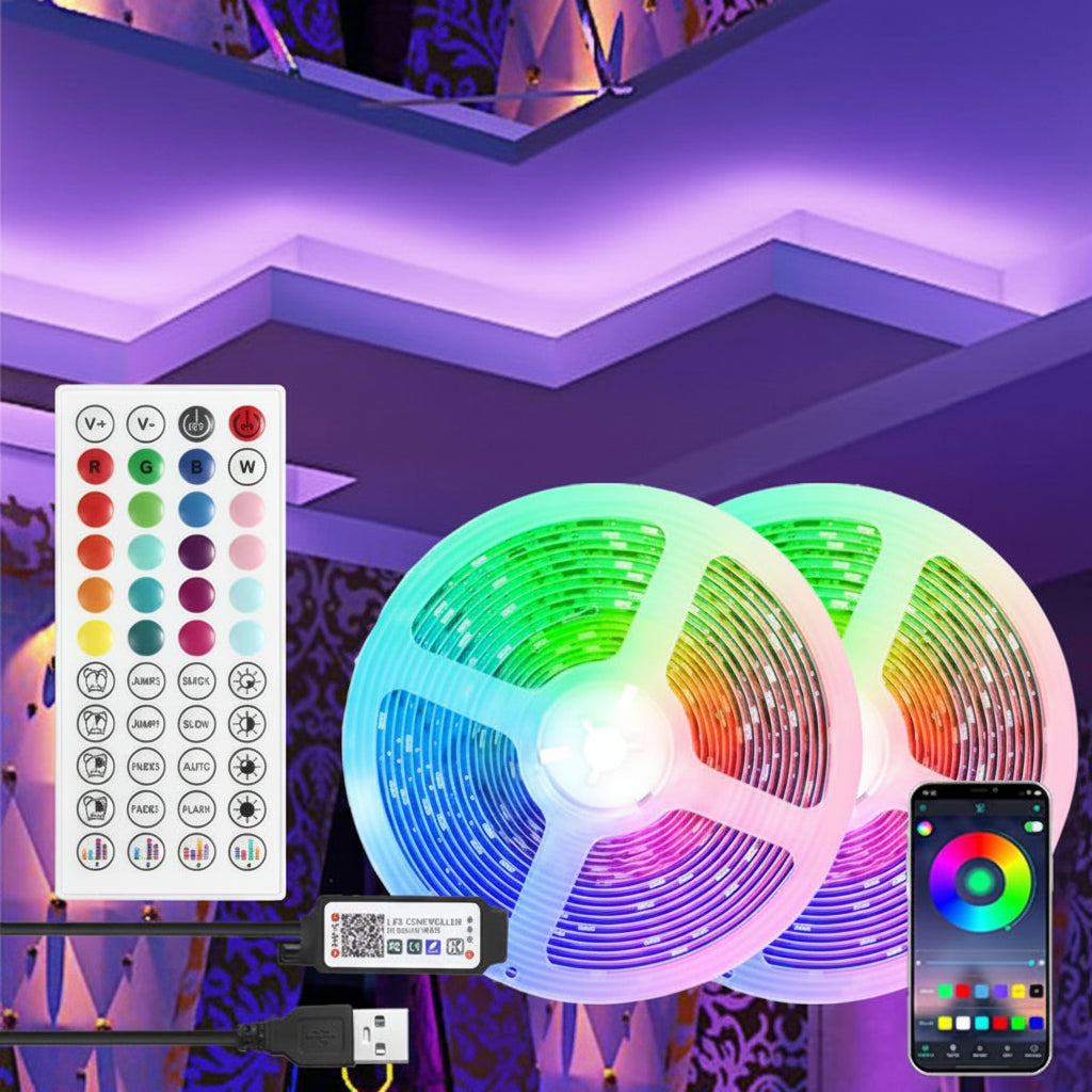 RGB LED strip lights with remote control and smartphone app on a colorful background