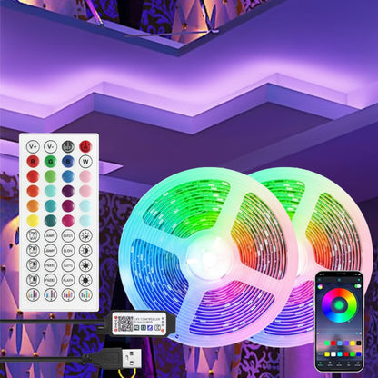 RGB LED strip lights with remote control and smartphone app on a colorful background