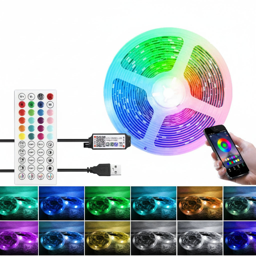 RGB LED strip light with Bluetooth control and app interface on a white background