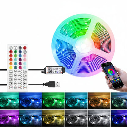 RGB LED strip light with Bluetooth control and app interface on a white background