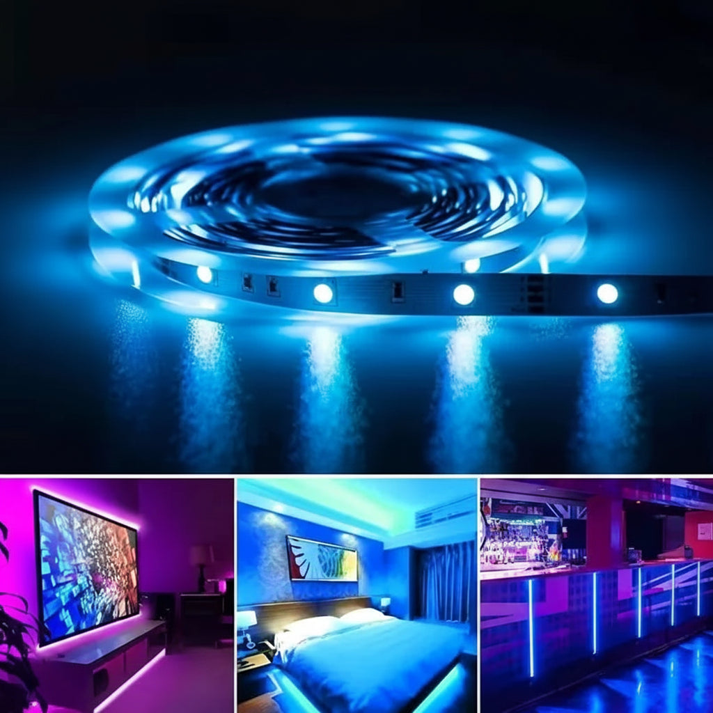 RGB LED strip lights with examples of usage in a room.