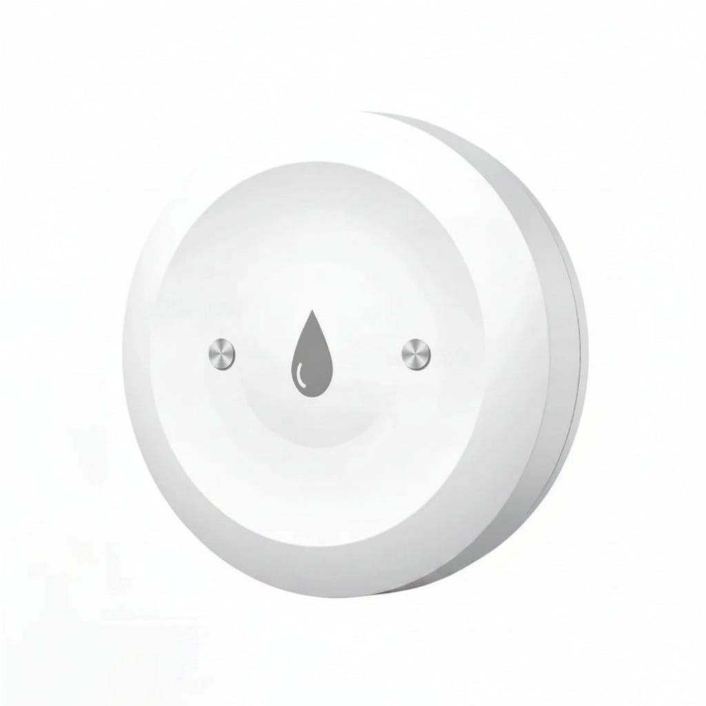 Round white sensor with water droplet icon and Zigbee logo on a white background