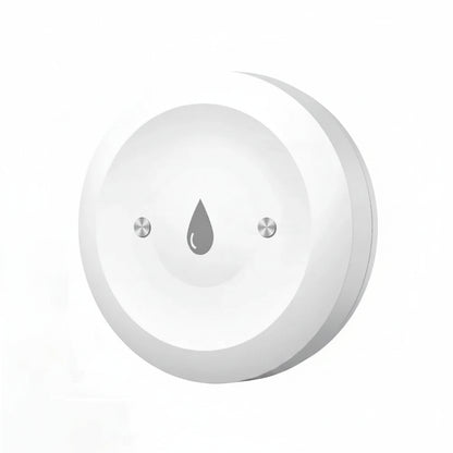 Round white sensor with water droplet icon and Zigbee logo on a white background