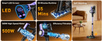 Cordless Vacuum Cleaner 500W 55KPa – Self-Standing Stick Vacuum with LED Display, 60 Min Runtime, Anti-Tangle Brush for Pet Hair & Carpet Cleaning