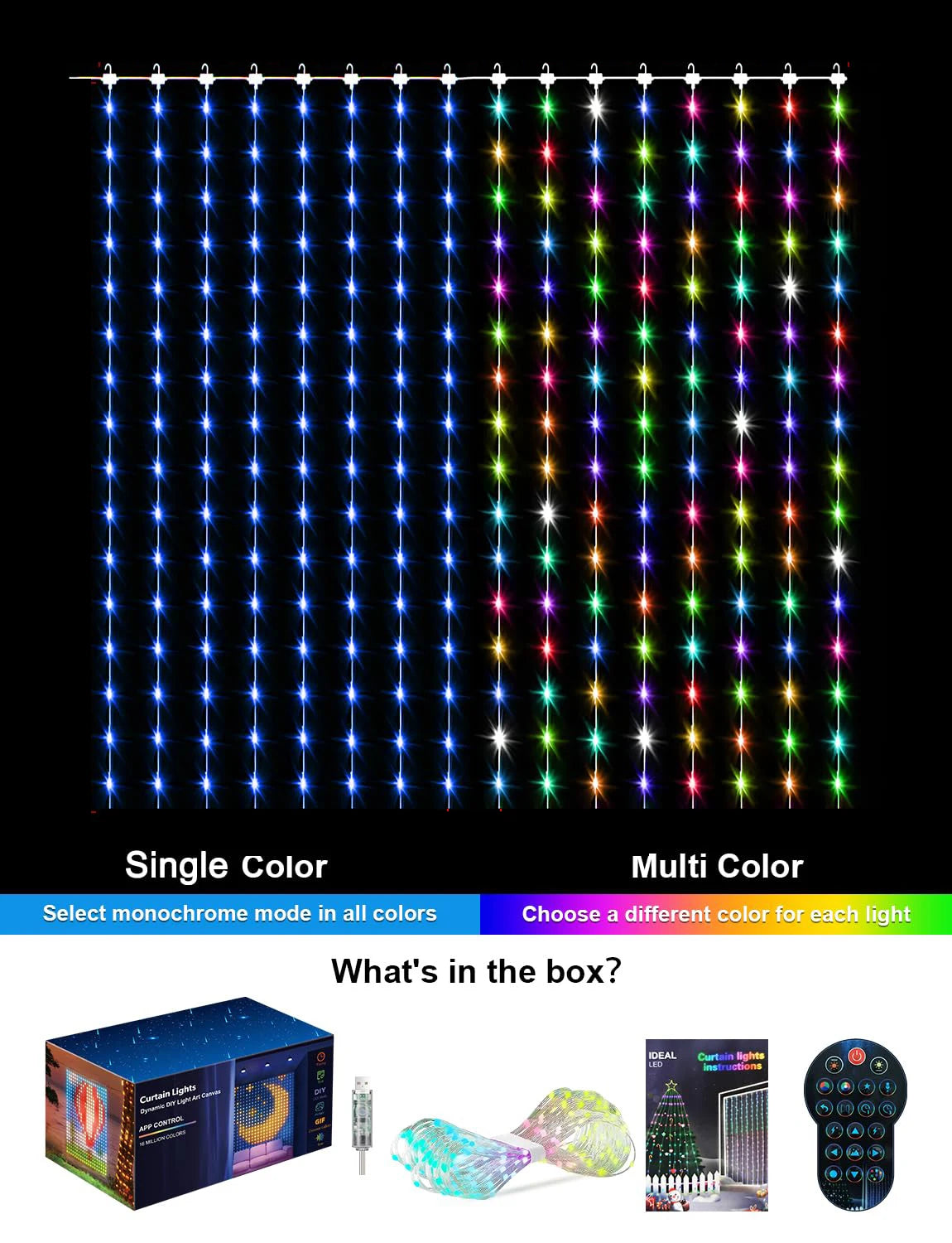 Smart RGB Curtain Lights – App Controlled LED Fairy Lights with DIY Patterns, Music Sync & Remote