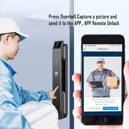 Person using a smart doorbell and app to unlock a door.