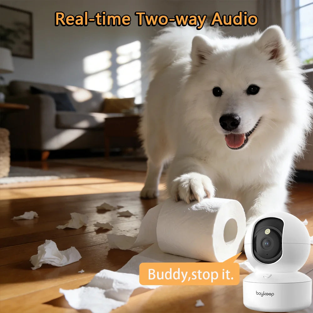 Smart 2K WiFi Security Camera – 360° PTZ Indoor Surveillance with Night Vision & Two-Way Audio