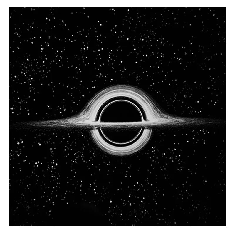 Artistic depiction of a black hole with a ring against a starry background