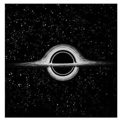 Artistic depiction of a black hole with a ring against a starry background