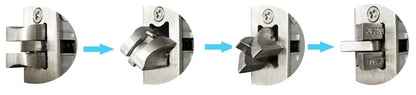 Metallic lock mechanism showing different stages of operation with blue arrows.